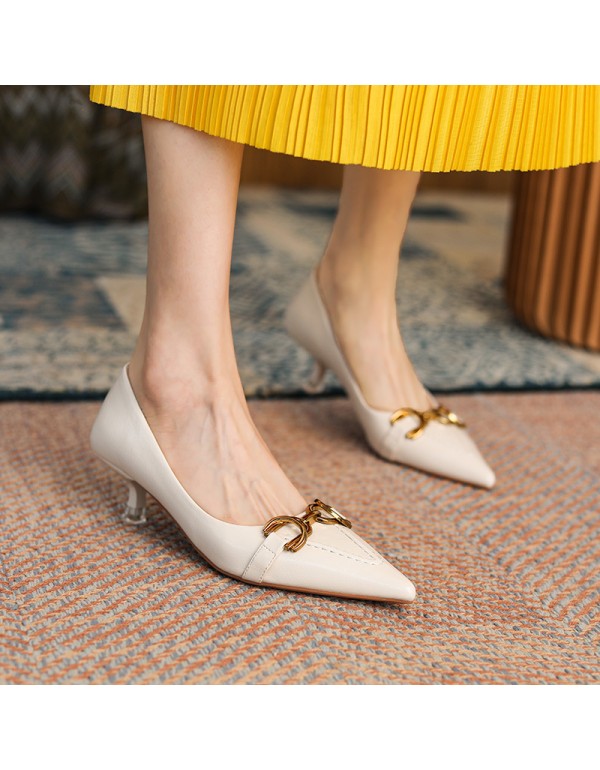 3186-5 sheepskin French Retro High Heels women's pointed thin heel medium heel single shoes metal buckle 2021 autumn new 