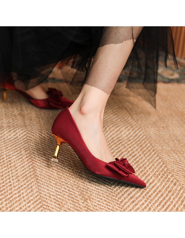 175-21 wine red wedding shoes Xiuhe high heels women's thin heels pointed single shoes not tired feet bride shoes soft leather 