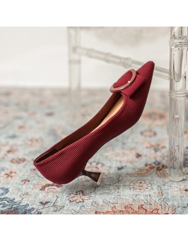 French style high heels 2021 summer new bow wine red single shoes women's thin heels 5cm middle heels 