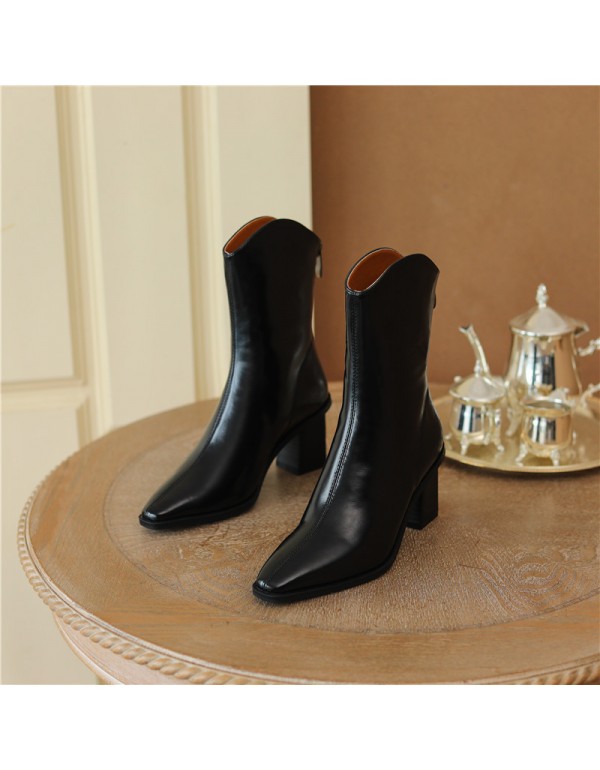 756-12 retro style thick heel short boots women's high heels thin in autumn and winter pointed v-mouth Western Cowboy Boots short barrel wooden heel 