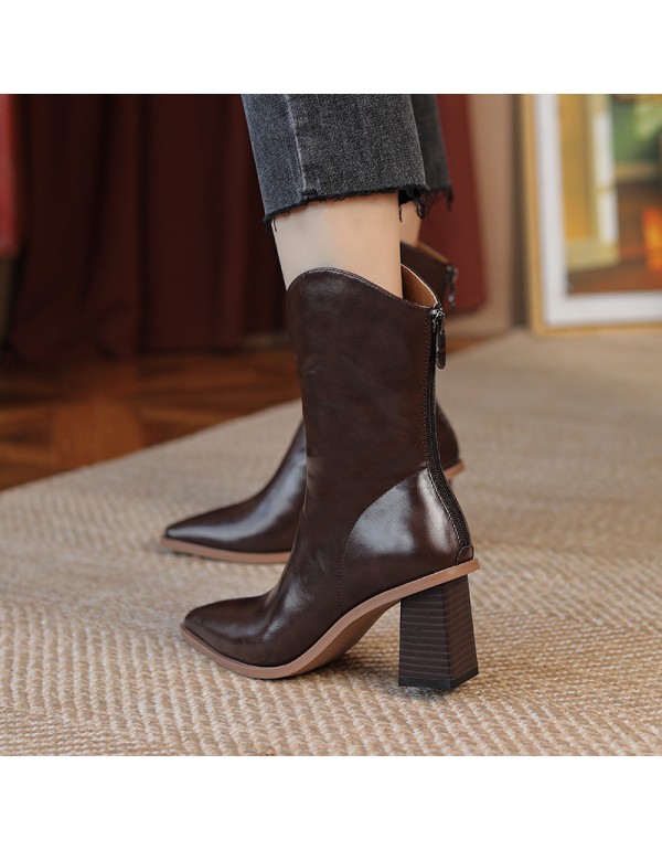 756-12 retro style thick heel short boots women's high heels thin in autumn and winter pointed v-mouth Western Cowboy Boots short barrel wooden heel 