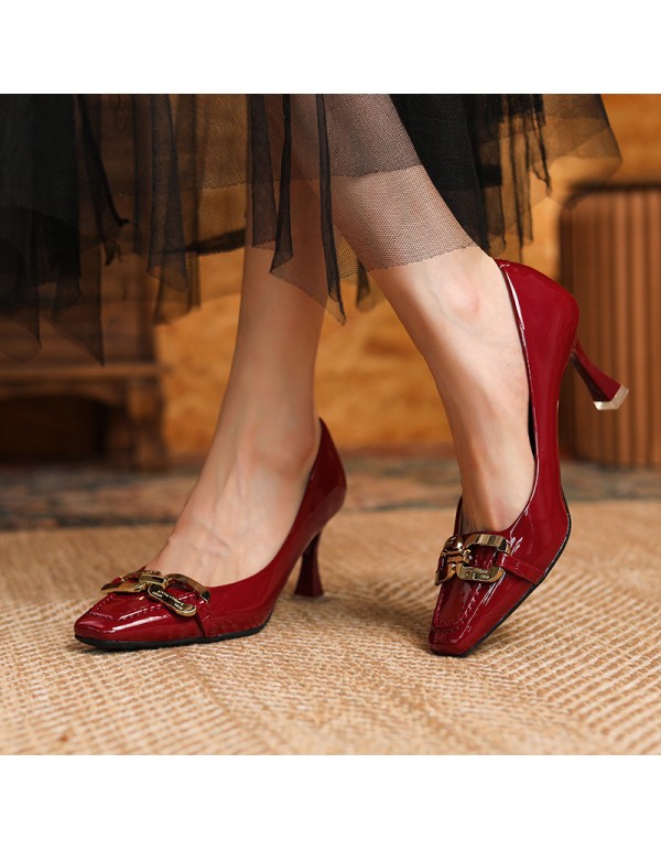 166-29 European station banquet high heels women's thin heels square head wine red shallow mouth single shoes wedding shoes Xiuhe bride shoes 