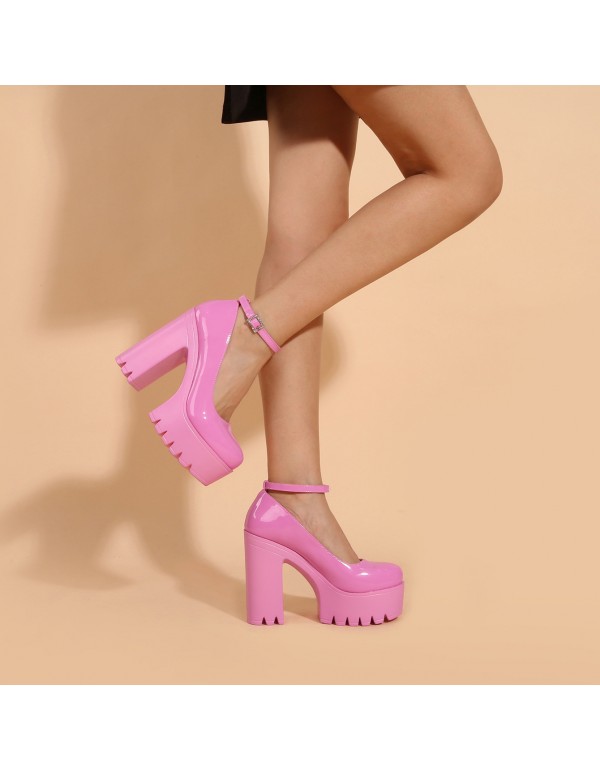 2021 new thick bottom shallow mouth round head thick heel high heels women's European and American large herringbone belt fashion slope heel sandals 