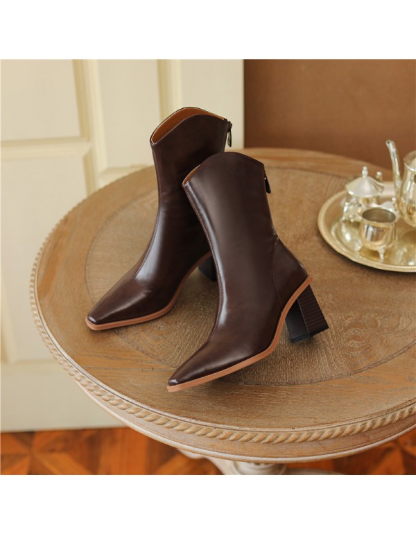 756-12 retro style thick heel short boots women's high heels thin in autumn and winter pointed v-mouth Western Cowboy Boots short barrel wooden heel 