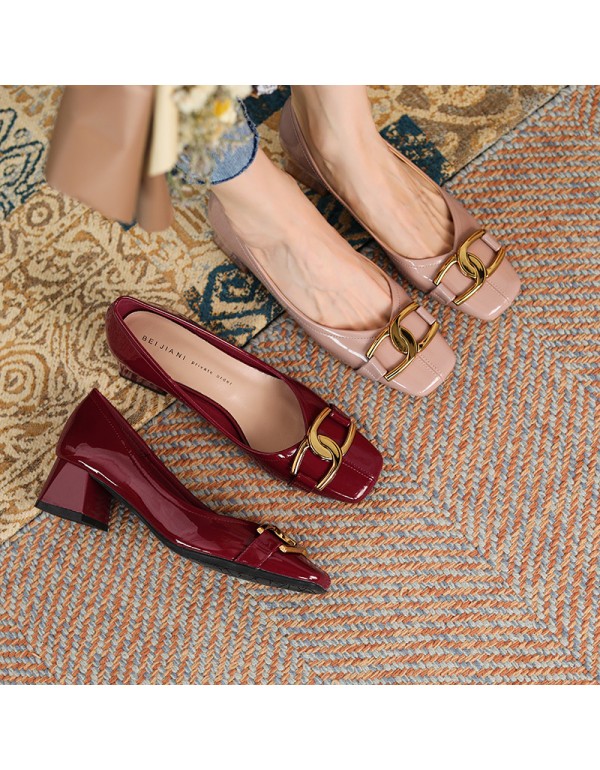 332-8 sheepskin square head high heels women's thi...