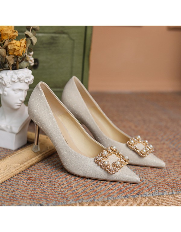 999-9 sheepskin high heels women's new wedding shoes in autumn 2021 women's pointed Xiuhe wedding dress bridesmaid's thin heel shoes 