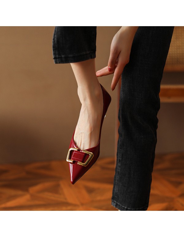 336-11 European and American metal button pointed single shoes women's spring and autumn thin heel high heels cat heel patent leather temperament shallow mouth soft sole 