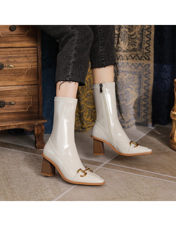 756-1 European and American metal buckle splicing thick heel high heel short boots women's side zipper small square head patent leather single boots fashion boots 