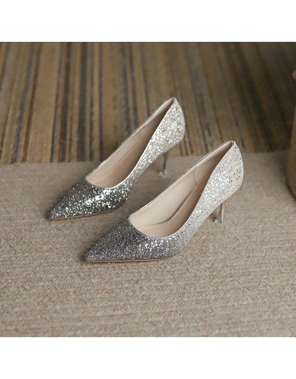 2021 autumn new versatile Sequin showsuit high sense crystal wedding shoes bride shoes high heels thin heels French style 