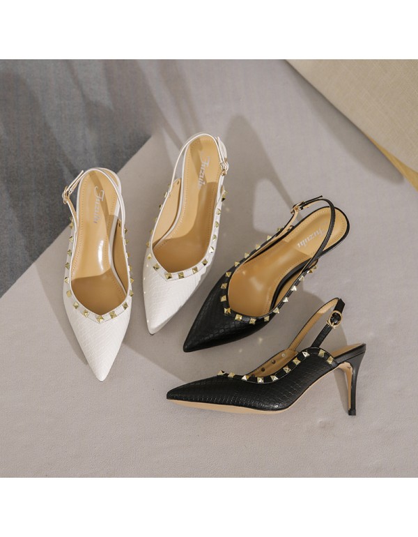 2669-152021 summer new women's shoes thin heel pointed fashion single shoes European and American rivet back empty high-heeled sandals 