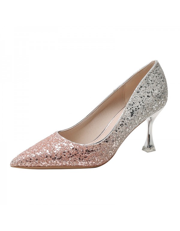2021 autumn new versatile Sequin showsuit high sense crystal wedding shoes bride shoes high heels thin heels French style 