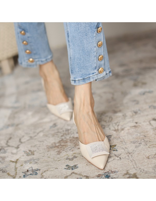 778-55 Korean style high heels women's pointed thin heels medium heels 2021 autumn new square button Rhinestones 