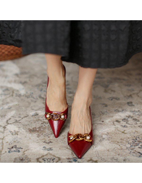 175-a1 French vintage wine red high heels women's pointed side empty thin heel single shoes side empty metal pearl buckle 