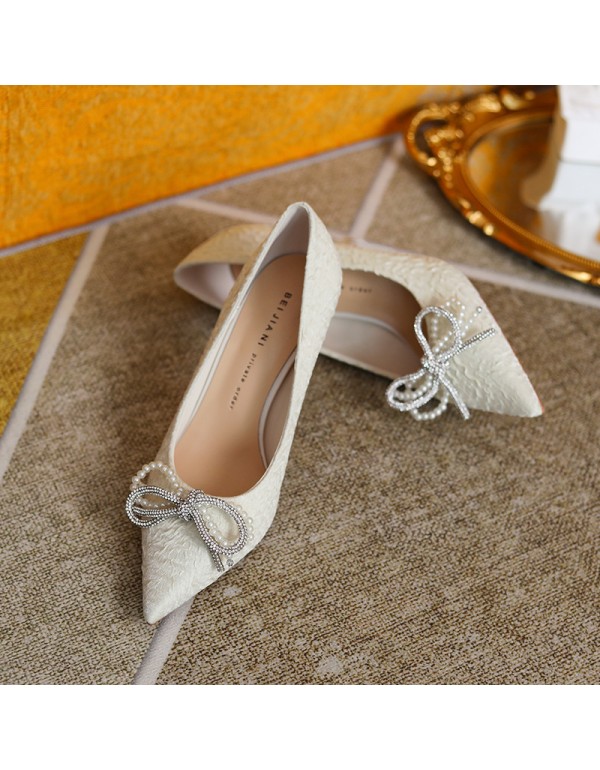 999-11 Satin Pearl Rhinestone bow high heels women's pointed thin heel shoes temperament Bridesmaid shoes wedding shoes autumn 