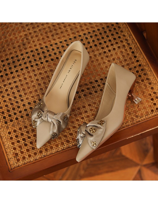 336-12 French high heels women's pointed thin heels bow knot low heels Kitten Heel single shoes sheepskin temperament wedding shoes 
