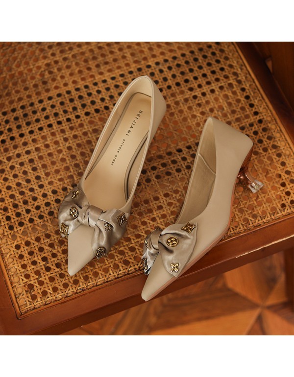 336-12 French high heels women's pointed thin heels bow knot low heels Kitten Heel single shoes sheepskin temperament wedding shoes 