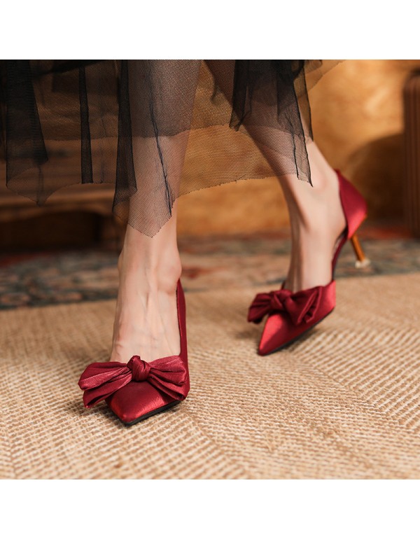 175-21 wine red wedding shoes Xiuhe high heels women's thin heels pointed single shoes not tired feet bride shoes soft leather 