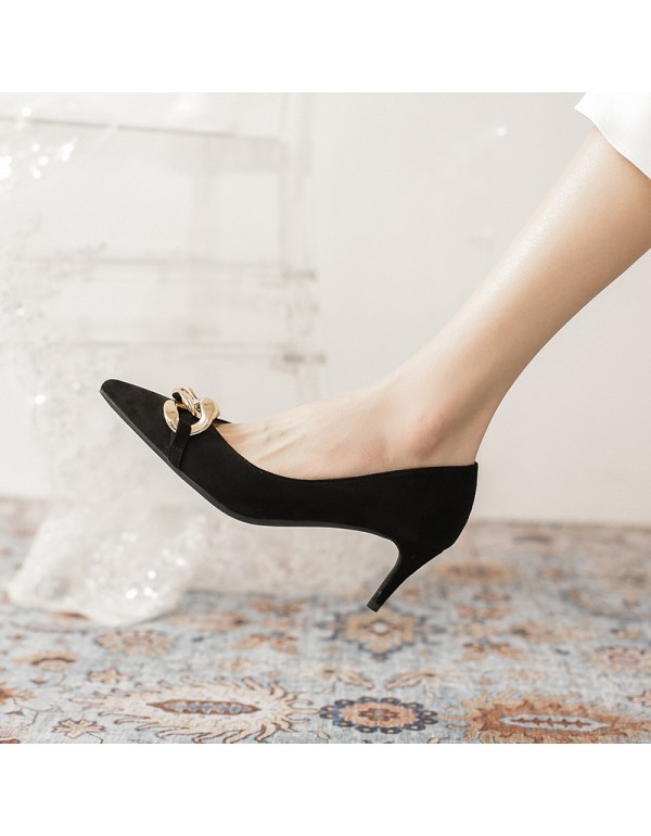 2760-a15 shoes children 2021 new French single shoes metal chain black pointed professional high heels 
