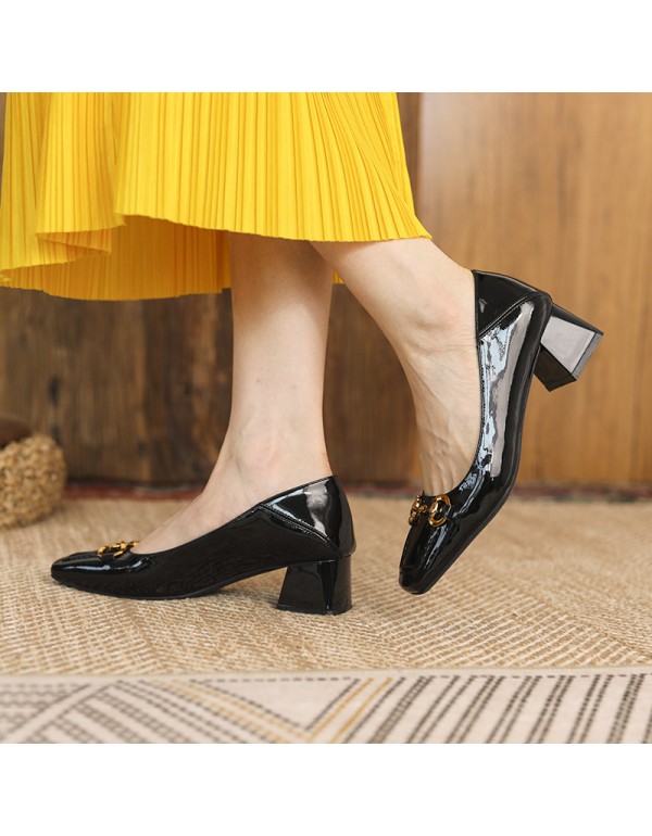 332-1 horsetail buckle thick heel shoes 2021 autumn new style square head retro sheepskin two wear high heels 
