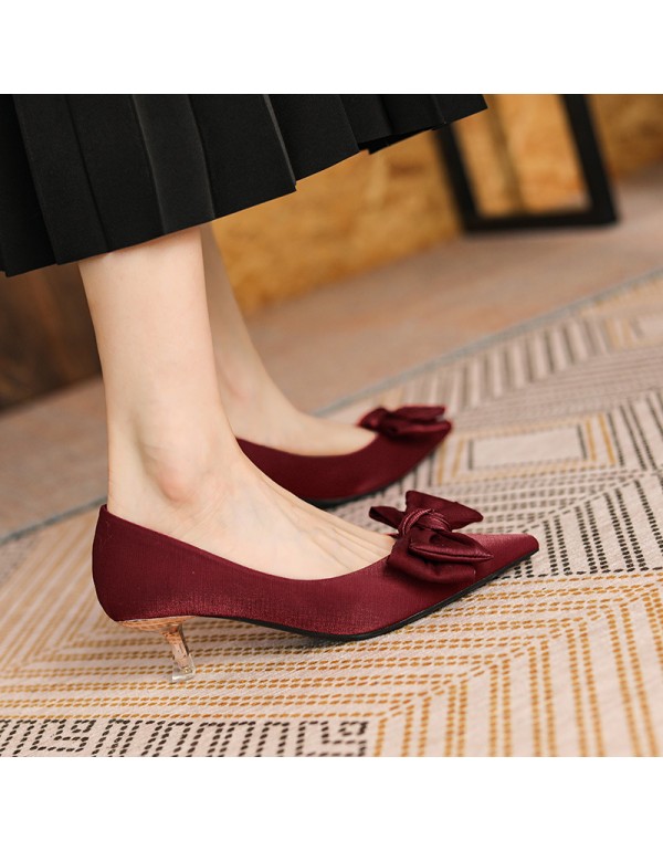 3186-6 sheepskin satin bow high heels women's pointed thin heel medium heel single shoes French retro 2021 autumn 