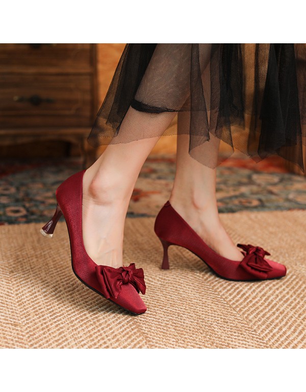 166-28 Chinese style Xiuhe bride shoes sheepskin silk satin wedding shoes women's head high heels bow Red single shoes 