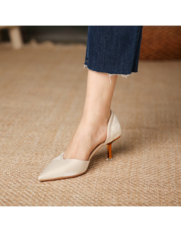 175-402021 spring new Korean chic side air pointed shallow mouth thin heel single shoes mesh high heels women's shoes 