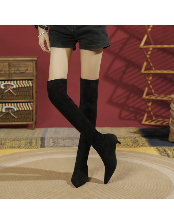 31712-15 knee high boots can't fall off black suede high heels women's boots 2021 autumn and winter new versatile single boots 