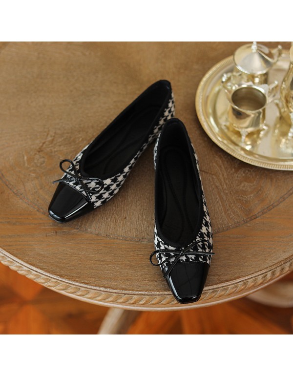 877-1 retro thousand bird lattice bow tie women's low heel shallow mouth single shoe 2021 autumn and winter new flat bottom small square head 