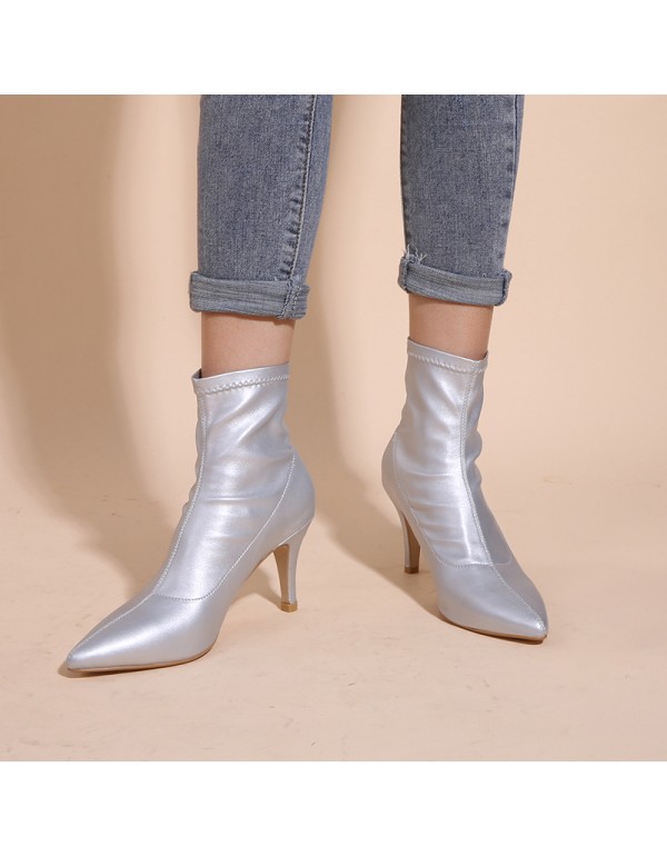 Europe station quick selling through pointed thin heel cool boots women's 2021 new thin boots middle tube silver shallow mouth fashion single boots 