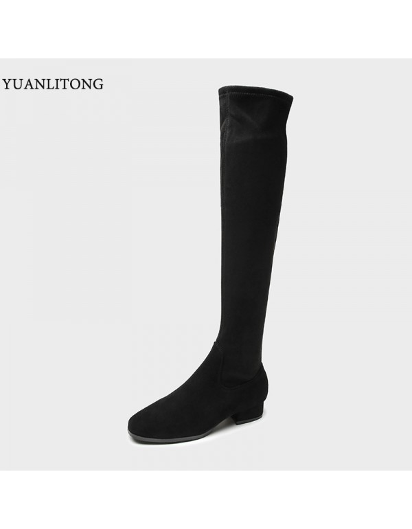 2021 winter new Korean version suede Pro skin Plush knee stretch fashion short heel side zipper women's boots square head 
