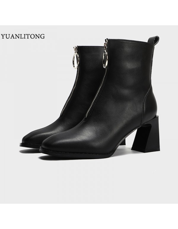 2022 winter new style square head front zipper high-heeled women's boots thick heel Zhongbang fashion pure color casual women's shoes