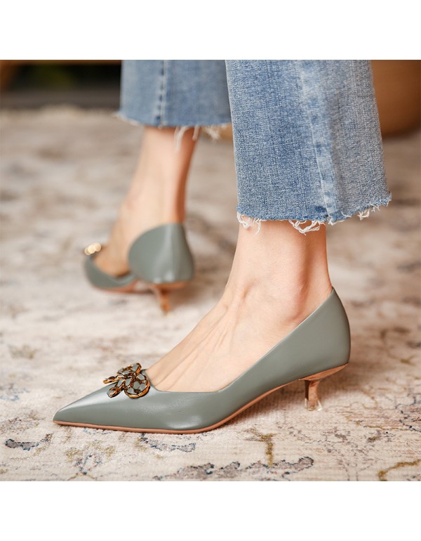 339-18 metal button pointed high heels women's net red retro low heel temperament new in early spring 2021 