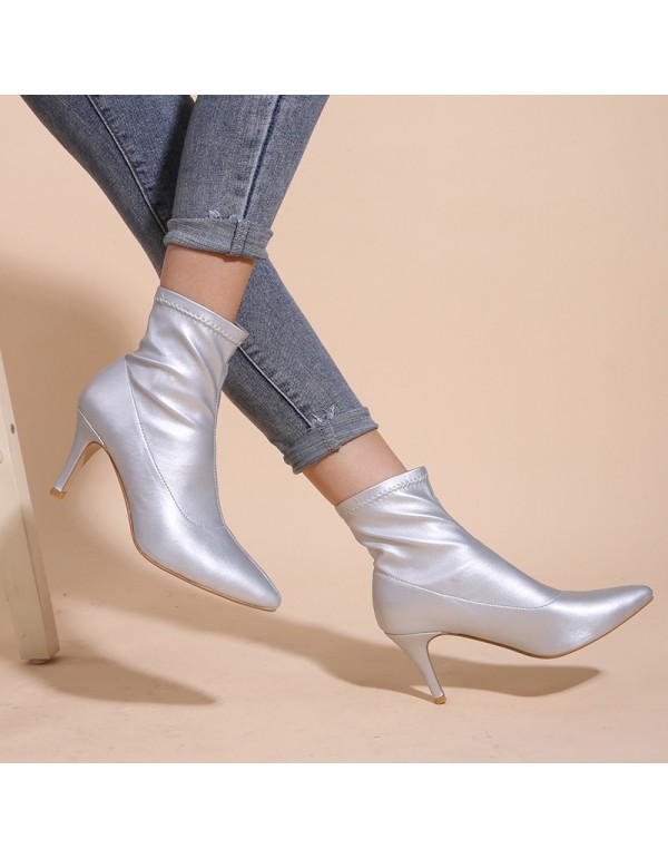 Europe station quick selling through pointed thin heel cool boots women's 2021 new thin boots middle tube silver shallow mouth fashion single boots 