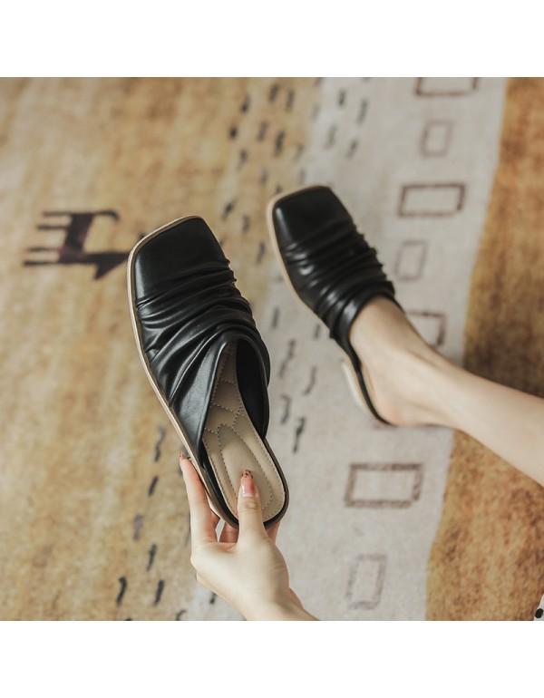 Baotou half slipper women's summer 2021 new lazy women's shoes wear net red folds and pop Muller sandals 