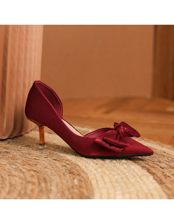 175-21 wine red wedding shoes Xiuhe high heels women's thin heels pointed single shoes not tired feet bride shoes soft leather 