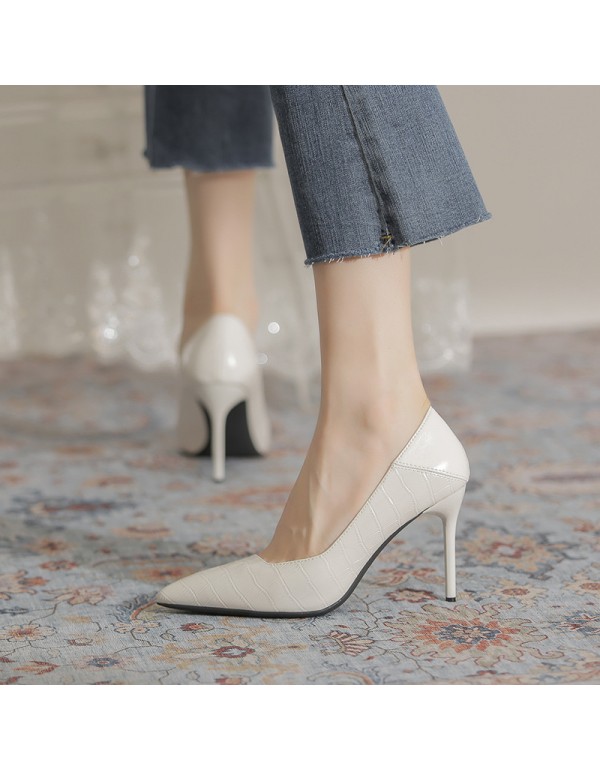 3709-8 stone high heels Korean fashion simple shallow mouth pointed women's shoes workplace commuting thin heel 0l single shoes 