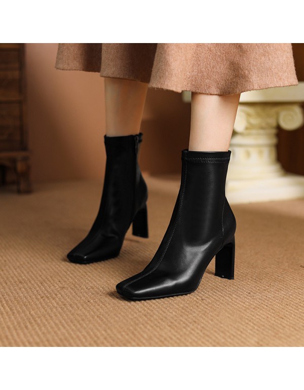 2178-8 high heel women's short boots square head thick heel side zipper low barrel fashion 2021 autumn and winter new Martin boots comfortable 