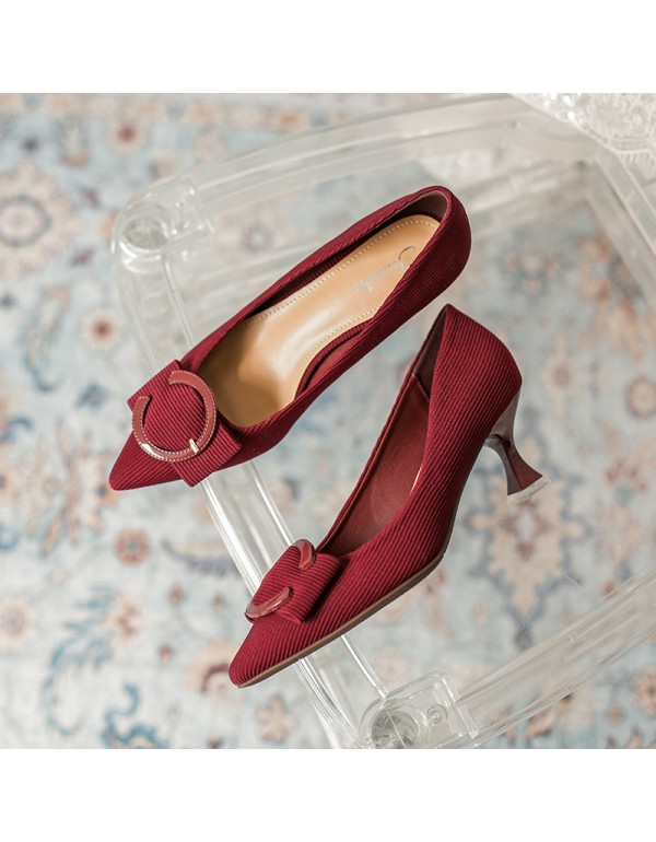 French style high heels 2021 summer new bow wine red single shoes women's thin heels 5cm middle heels 