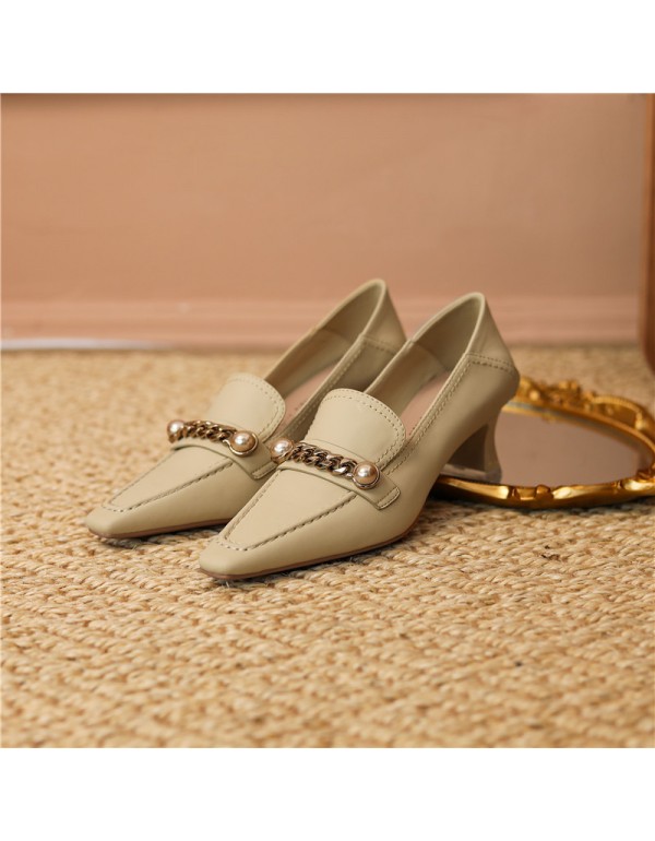 9318-10 sheepskin small square head high heels women's thick heel soft leather pearl chain French retro single shoes can step on heels 