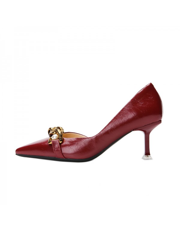 175-a1 French vintage wine red high heels women's pointed side empty thin heel single shoes side empty metal pearl buckle 