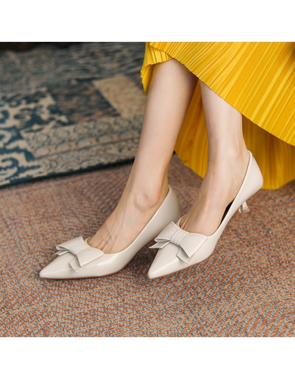 3186-3 sheepskin French retro romantic high heels women's pointed thin heel bow single shoes shallow mouth 2021 autumn 