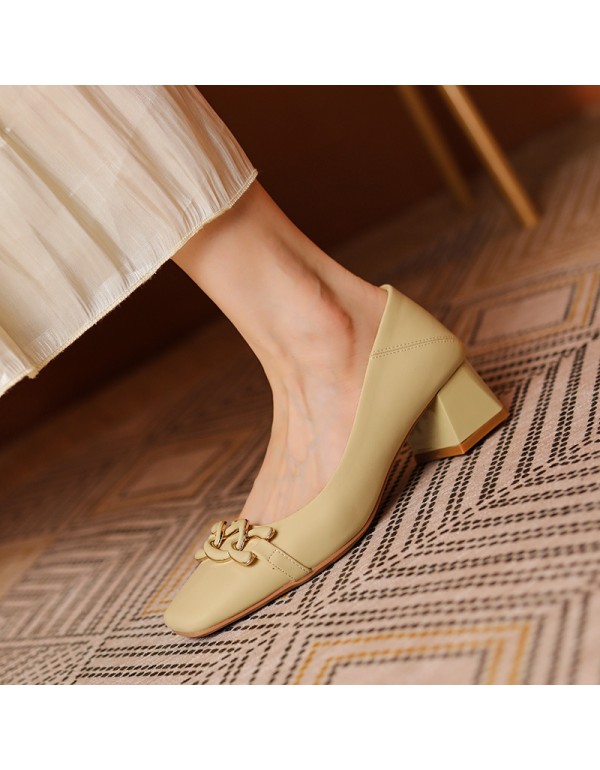 332-11 sheepskin French retro square head high heels women's thick heel shallow mouth single shoes can step on heels ins damp soft leather autumn 