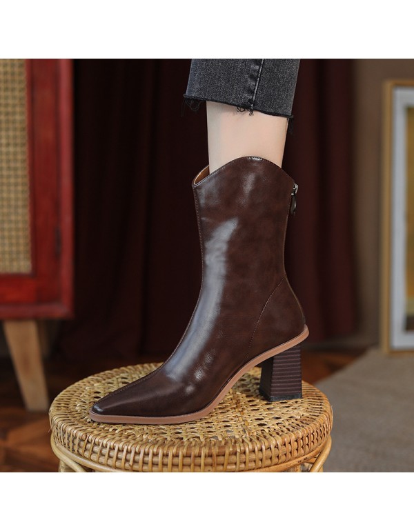 756-12 retro style thick heel short boots women's high heels thin in autumn and winter pointed v-mouth Western Cowboy Boots short barrel wooden heel 