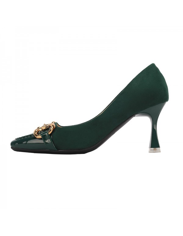 166-31 dark green high-heeled shoes women's thin heel square head splicing shallow sheepskin metal buckle single shoes design sense of minority 