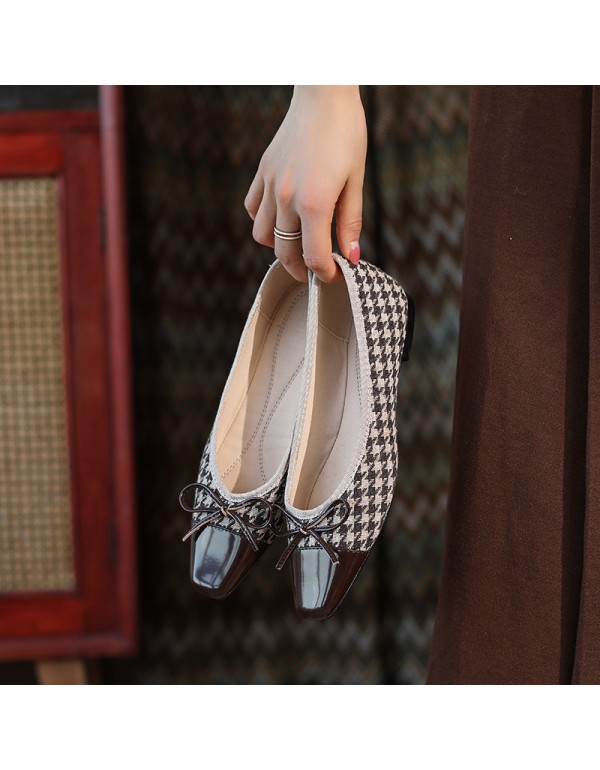 877-1 retro thousand bird lattice bow tie women's low heel shallow mouth single shoe 2021 autumn and winter new flat bottom small square head 