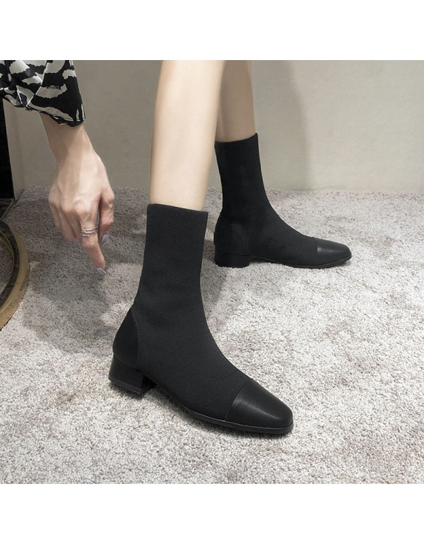 2022 autumn and winter fashion new Korean leisure low heel middle tube splicing knitted wool thick heel square head fashion women's Boots