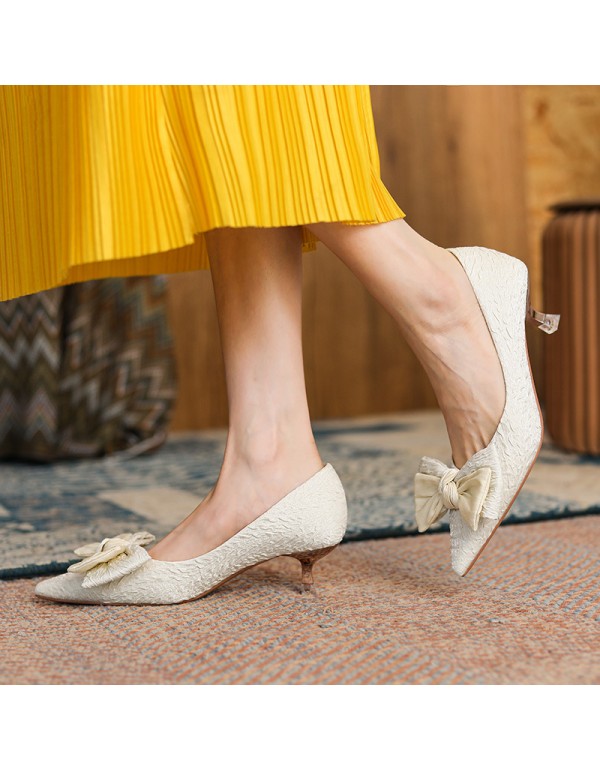 3186-6 sheepskin satin bow high heels women's pointed thin heel medium heel single shoes French retro 2021 autumn 