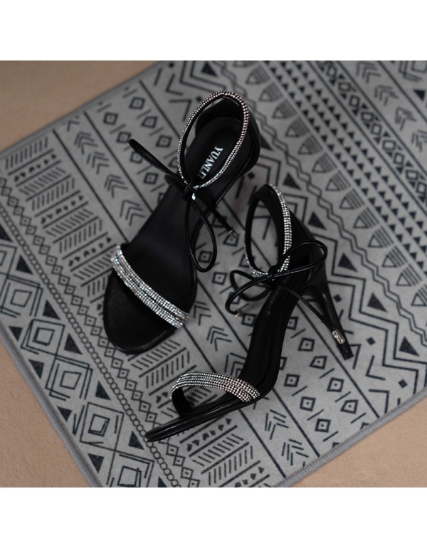 Huidong County yuanlitong ~ European and American high-heeled fashion women's shoes Rhinestone one-line belt net red bow front lace up single shoes 