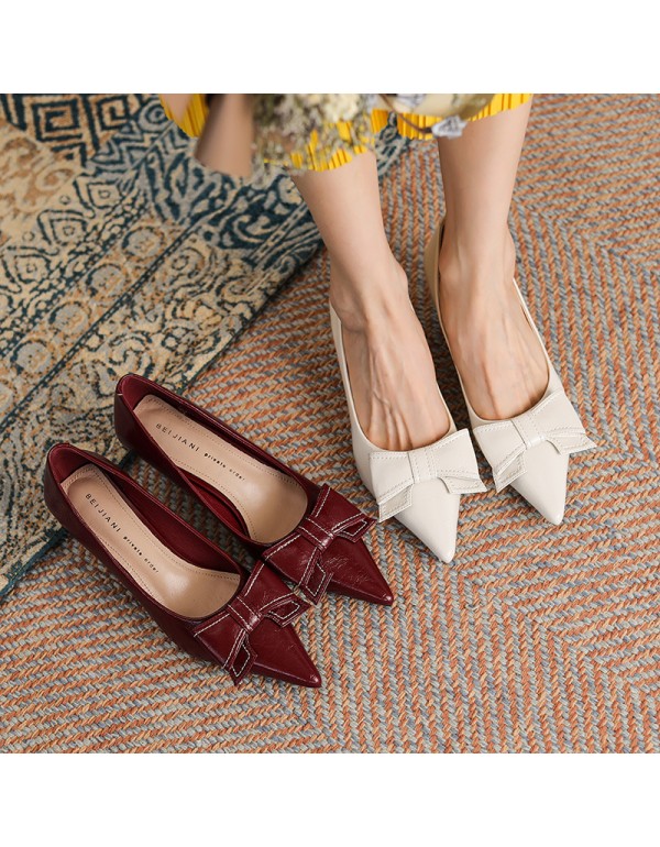 3186-3 sheepskin French retro romantic high heels women's pointed thin heel bow single shoes shallow mouth 2021 autumn 