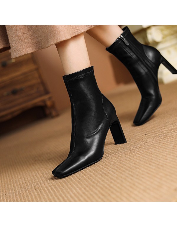 2178-8 high heel women's short boots square head thick heel side zipper low barrel fashion 2021 autumn and winter new Martin boots comfortable 